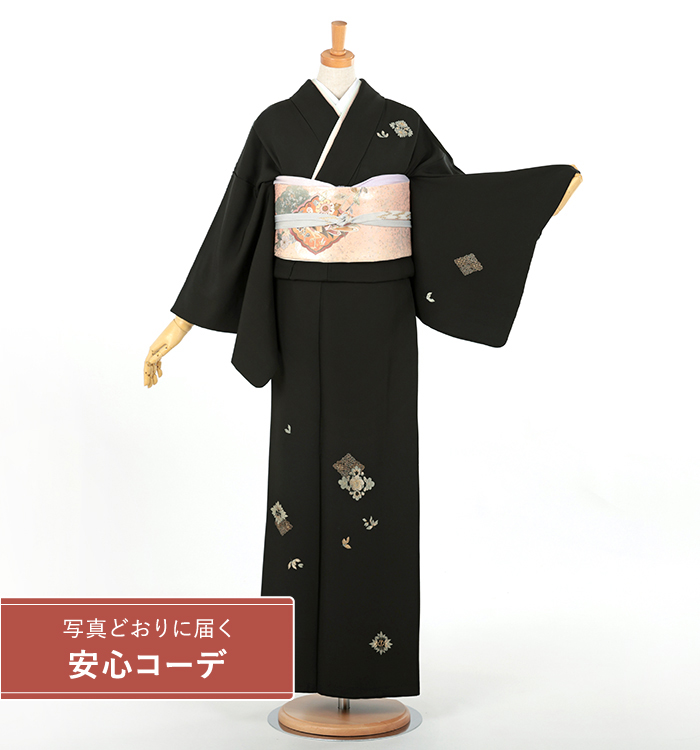 【写真どおりに届く安心コーデ】訪問着レンタル　訪問着MOサイズ　刺繍：花菱　黒