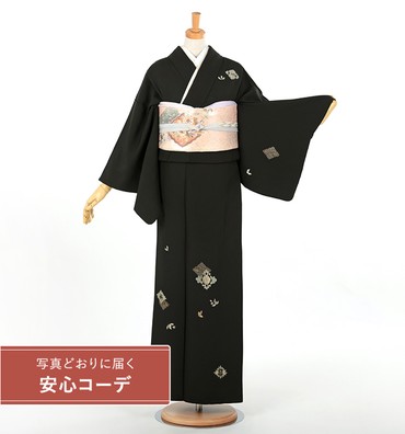【写真どおりに届く安心コーデ】訪問着レンタル　訪問着MOサイズ　刺繍：花菱　黒