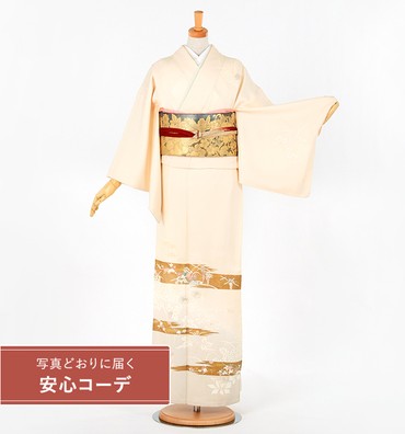 【写真どおりに届く安心コーデ】訪問着レンタル　訪問着Lサイズ　京友禅：金彩霞四季の花　薄クリーム