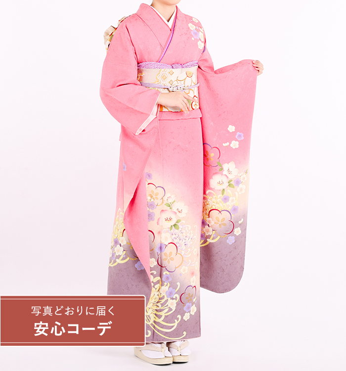 【写真どおりに届く安心コーデ】振袖レンタル　振袖Lサイズ　梅菊に桜　ピンク