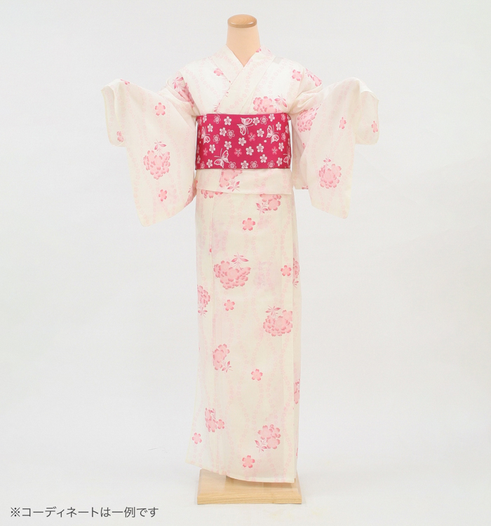 浴衣レンタル　浴衣Lサイズ　立涌と桜　白