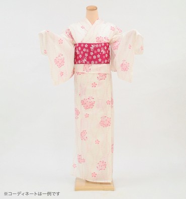 浴衣レンタル　浴衣Lサイズ　立涌と桜　白