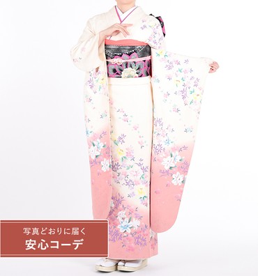 【写真どおりに届く安心コーデ】振袖レンタル　振袖Lサイズ　花文様　白/ピンク