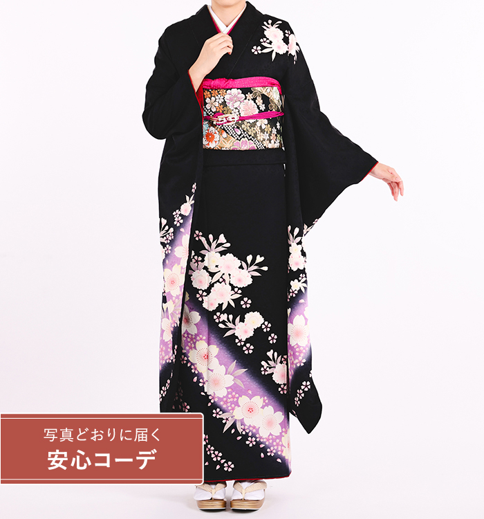 【写真どおりに届く安心コーデ】振袖レンタル　振袖Lサイズ　桜文様　黒/紫