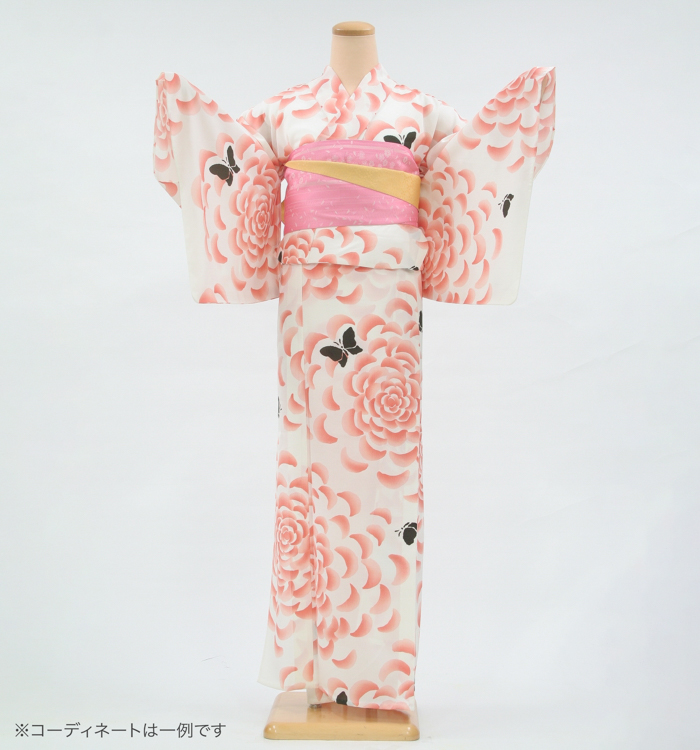 浴衣レンタル　浴衣Lサイズ　ブランド：tsumori chisato　花に蝶々　ベージュ