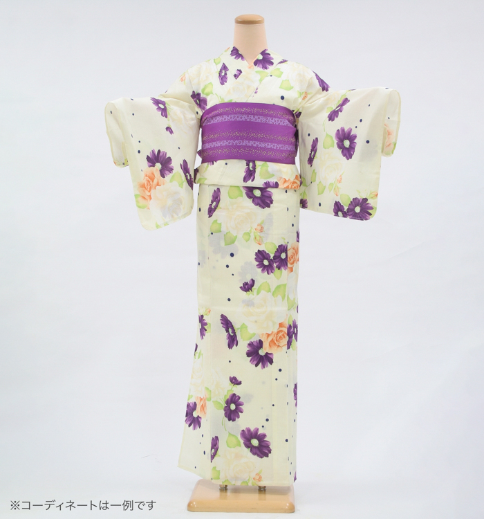 浴衣レンタル　浴衣Lサイズ　薔薇と菊　薄黄