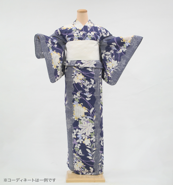 浴衣レンタル　浴衣Lサイズ　御簾に花　紺