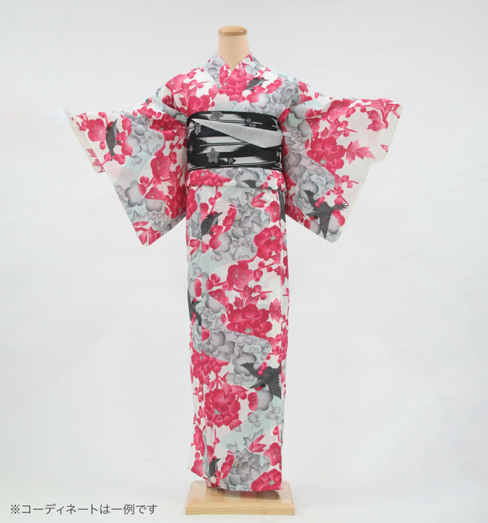 浴衣レンタル　浴衣Lサイズ　花鳥　白