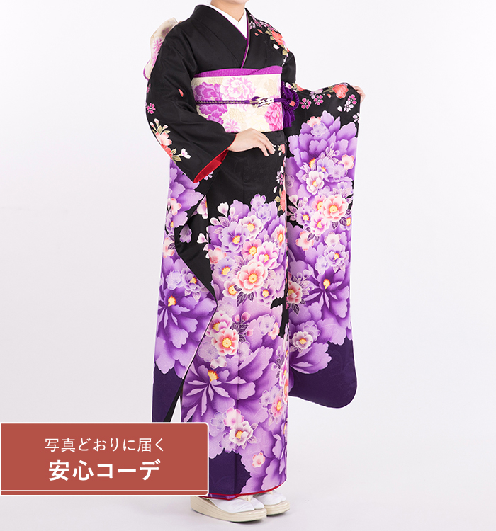 【写真どおりに届く安心コーデ】振袖レンタル　振袖Lサイズ　牡丹と桜　黒/紫