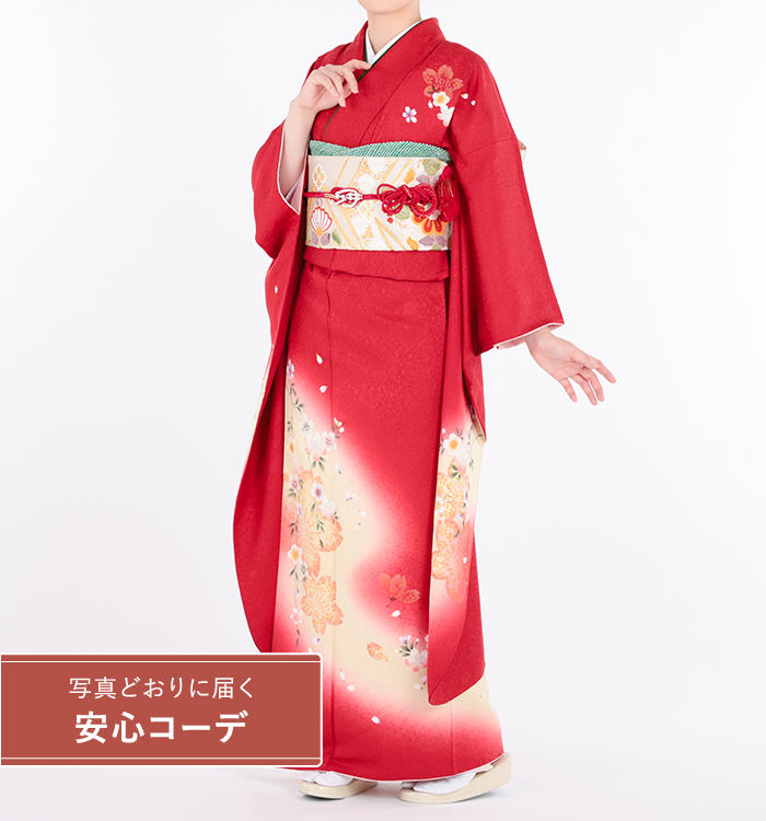 【写真どおりに届く安心コーデ】振袖レンタル　振袖Lサイズ　桜文様　赤/クリーム