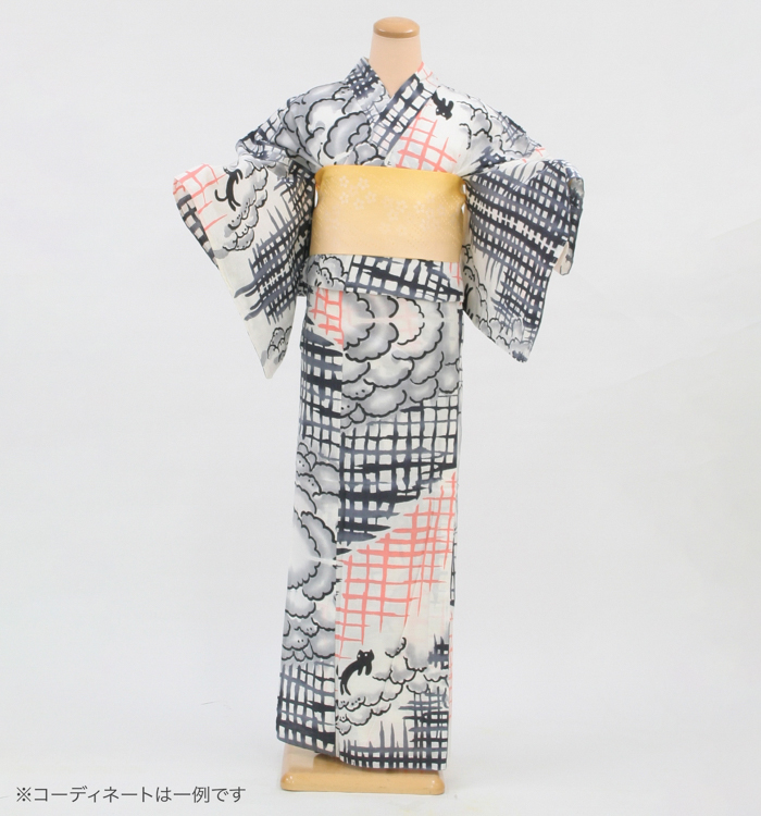 浴衣レンタル　浴衣Mサイズ　ブランド：tsumori chisato　雲と猫　 白色