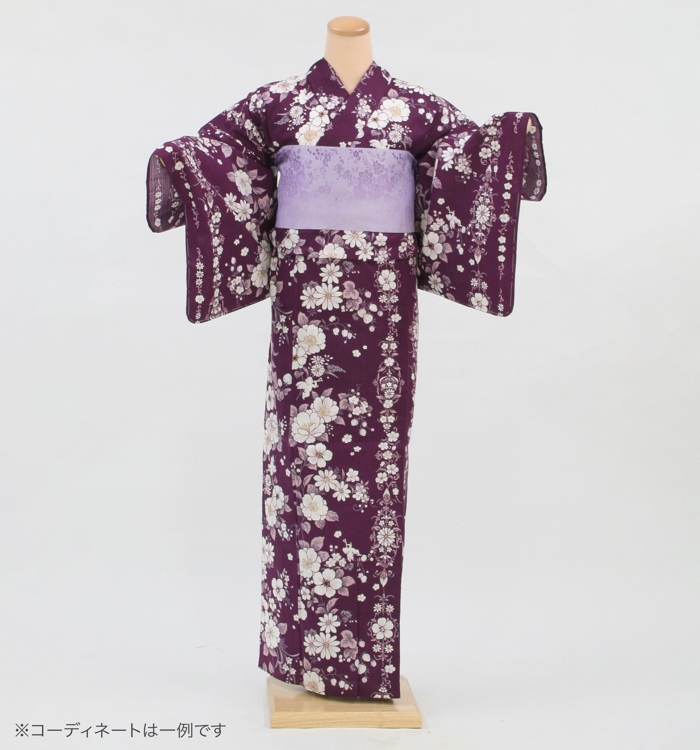 浴衣レンタル　浴衣Mサイズ　花飾り文様　小豆色