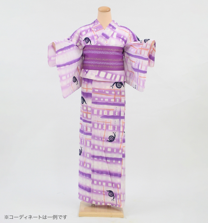 浴衣レンタル　浴衣Mサイズ　ブランド：tsumori chisato　窓枠にカタツムリ　紫色