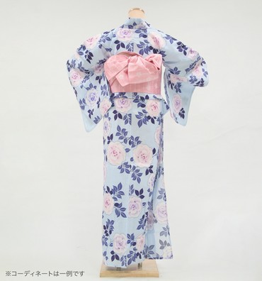 浴衣レンタル　浴衣Mサイズ　薔薇　水色