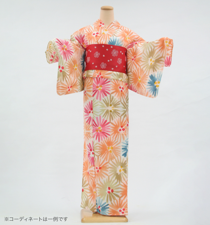 浴衣レンタル　浴衣Mサイズ　ブランド：tsumori chisato　松葉　ピンク/オレンジ
