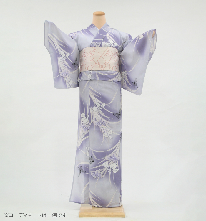 浴衣レンタル　浴衣Mサイズ　花菖蒲に蝶　薄紫色