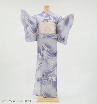 浴衣レンタル　浴衣Mサイズ　花菖蒲に蝶　薄紫色