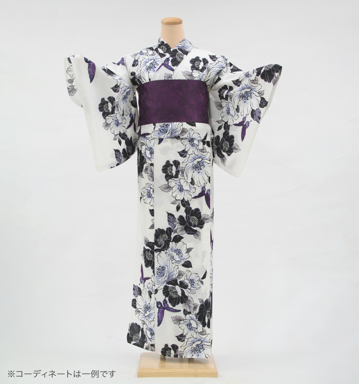 浴衣レンタル　浴衣Mサイズ　芙蓉に蝶　白色