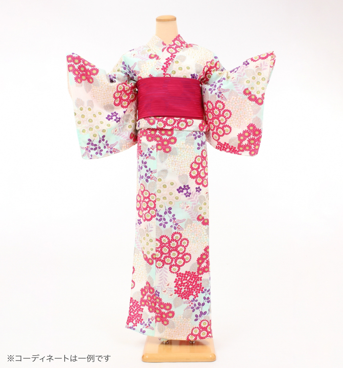 浴衣レンタル　浴衣Mサイズ　ブランド：きもの道楽　小菊と紫陽花　ベージュ/ブルー