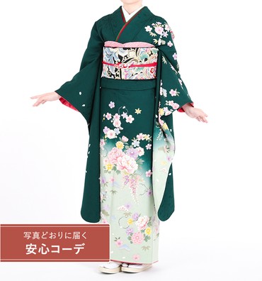 【写真どおりに届く安心コーデ】振袖レンタル　振袖Mサイズ　花の宴　グリーン