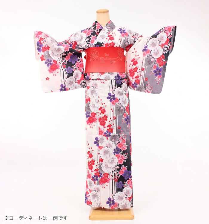 浴衣レンタル　浴衣Mサイズ　まだら縞に桜ちらし　白/グレー