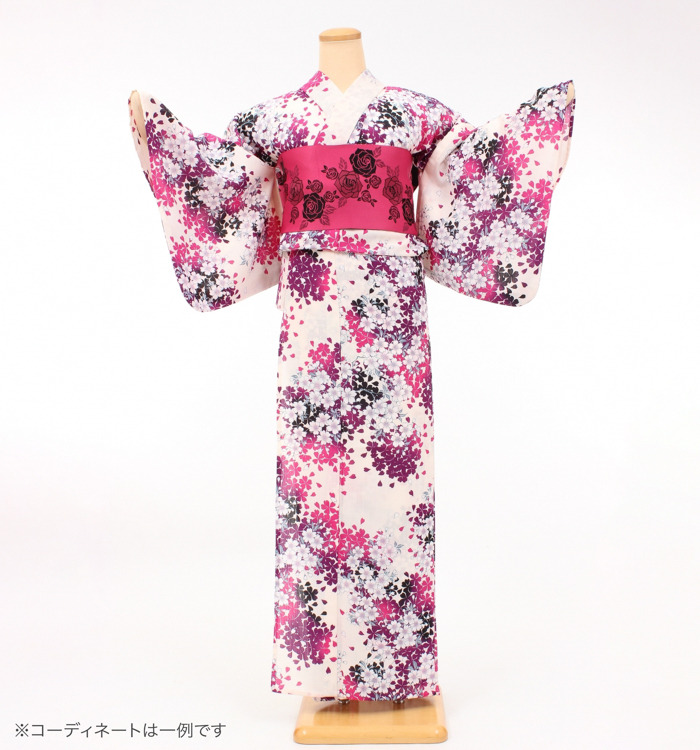 浴衣レンタル　浴衣Mサイズ　桜舞　白