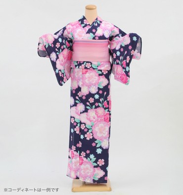 浴衣レンタル　浴衣Sサイズ　桜尽くし　紺