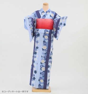 浴衣レンタル　浴衣Sサイズ　縦縞に菊楓　青