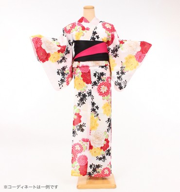浴衣レンタル　浴衣Sサイズ　薔薇と菊桜　白
