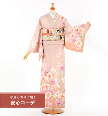 【写真どおりに届く安心コーデ】訪問着レンタル　訪問着LLサイズ　菊桜舞　渋ピンク