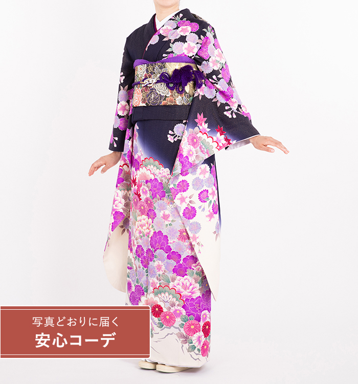 【写真どおりに届く安心コーデ】振袖レンタル　振袖Mサイズ　宴松菊　濃紫/白