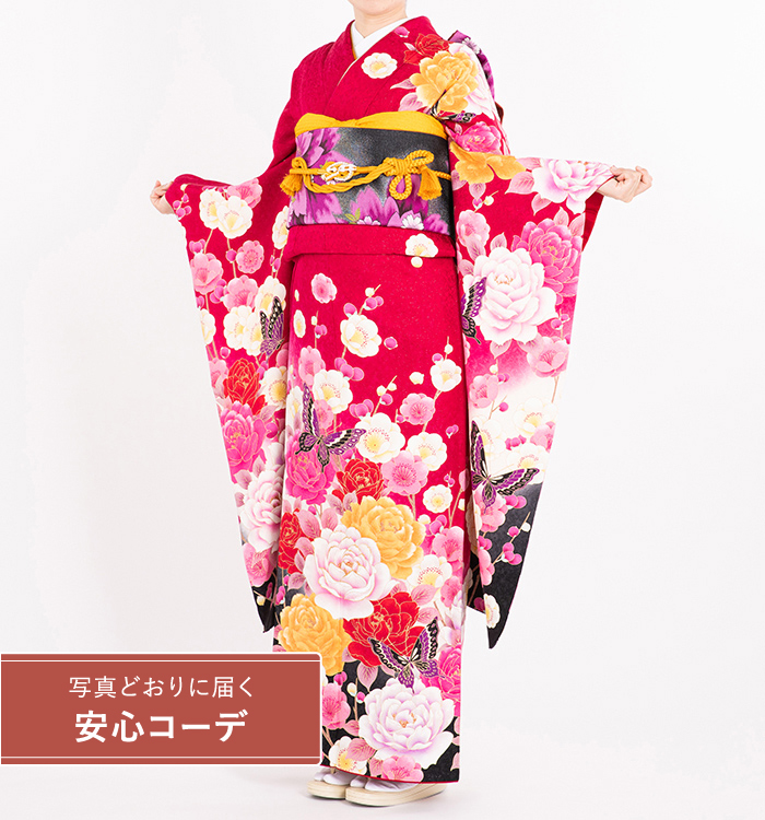 【写真どおりに届く安心コーデ】振袖レンタル　振袖Mサイズ　薔薇に飛蝶　 濃ピンク