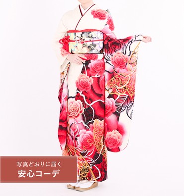 【写真どおりに届く安心コーデ】振袖レンタル　振袖Mサイズ　ブランド：SWEET ANGEL　幻薔薇　白/赤