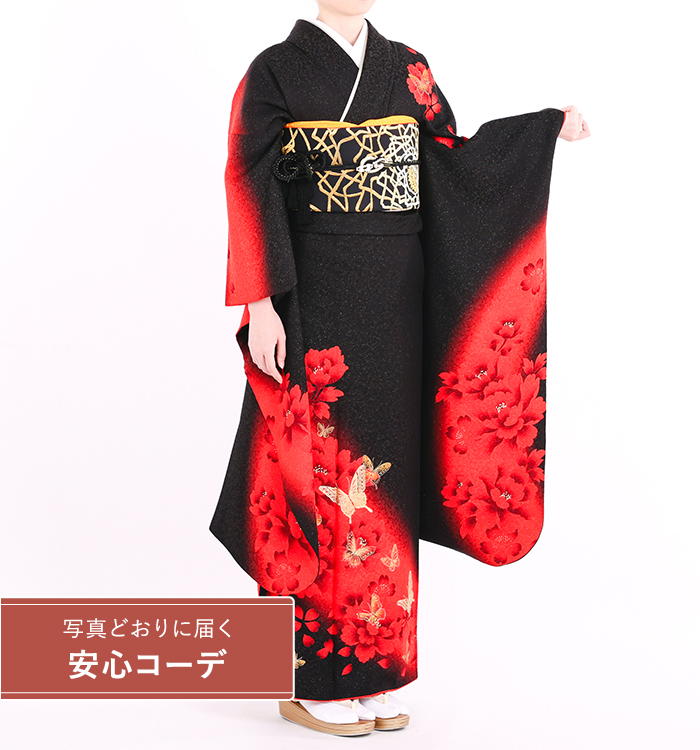 【写真どおりに届く安心コーデ】振袖レンタル　振袖Mサイズ　薔薇と蝶　黒