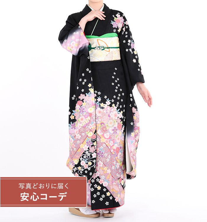 【写真どおりに届く安心コーデ】振袖レンタル　振袖Lサイズ　流菊桜　黒/ピンク