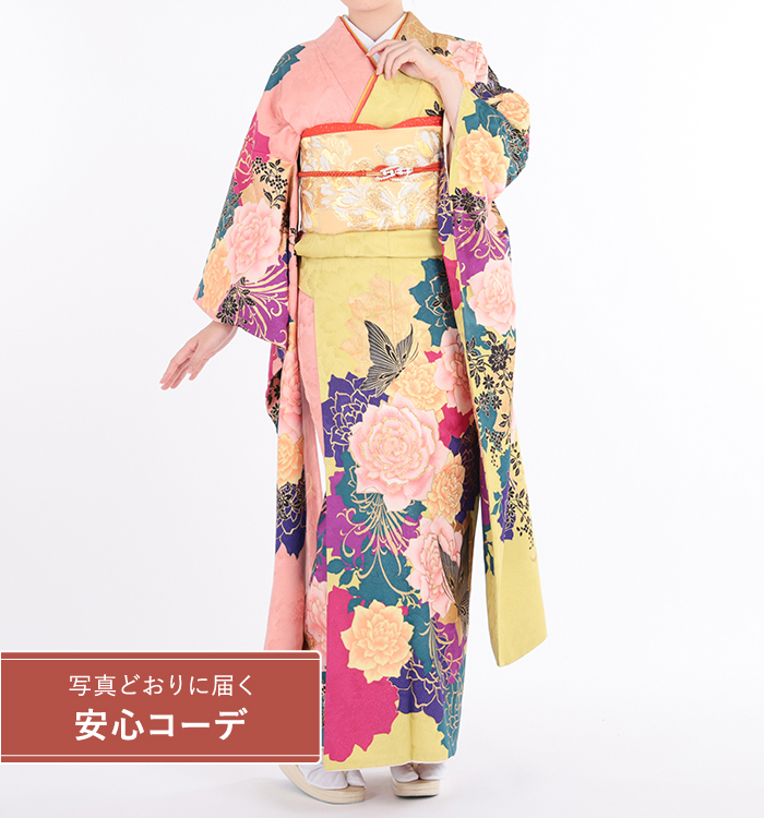 【写真どおりに届く安心コーデ】振袖レンタル　振袖Lサイズ　ブランド：MURUA　薔薇に蝶　黄色/サーモンピンク