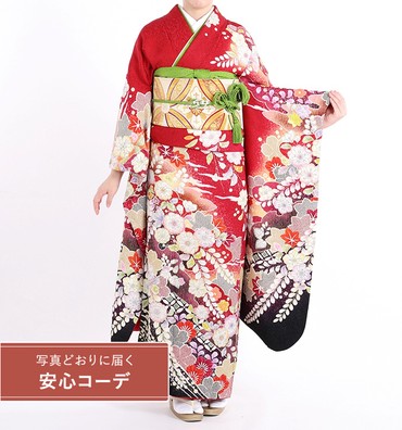 【写真どおりに届く安心コーデ】振袖レンタル　振袖Sサイズ　絞り　辻ヶ花染め風　七宝に草花文様　赤