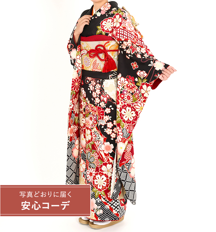 【写真どおりに届く安心コーデ】振袖レンタル　振袖Sサイズ　四季花鞠に花菱　黒