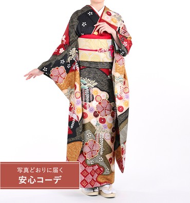 【写真どおりに届く安心コーデ】振袖レンタル　振袖Mサイズ　山取り花文様　黒