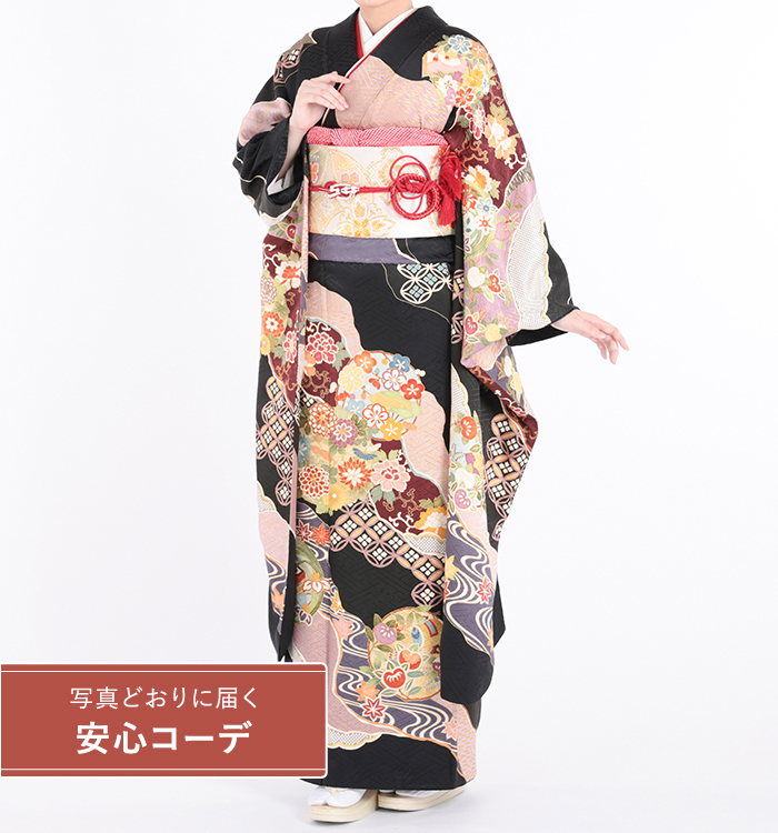 【写真どおりに届く安心コーデ】振袖レンタル　振袖LLサイズ　京友禅：道長取吉祥花丸紋　黒