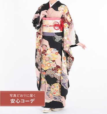 【写真どおりに届く安心コーデ】振袖レンタル　振袖LLサイズ　京友禅：道長取吉祥花丸紋　黒