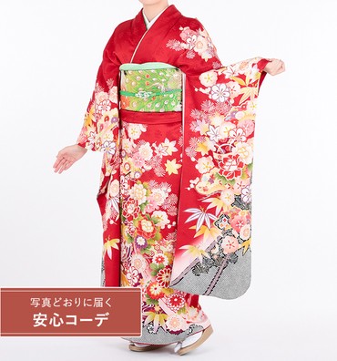 【写真どおりに届く安心コーデ】振袖レンタル　振袖Lサイズ　四季花　朱赤
