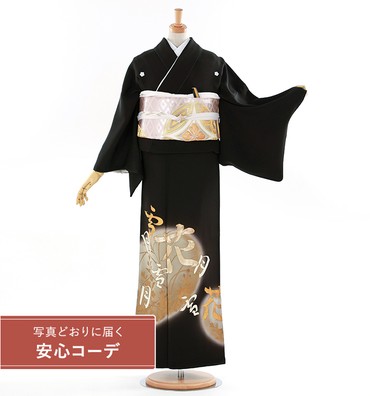 【写真どおりに届く安心コーデ】黒留袖レンタル　黒留袖MOサイズ　刺繍：雪月花　五つ紋：桔梗