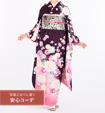 【写真どおりに届く安心コーデ】振袖レンタル　振袖Mサイズ　ブランド：押切もえ　牡丹に小花　紫