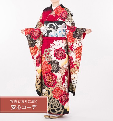 【写真どおりに届く安心コーデ】振袖レンタル　振袖Mサイズ　ブランド：MURUA　金薔薇　ワインレッド