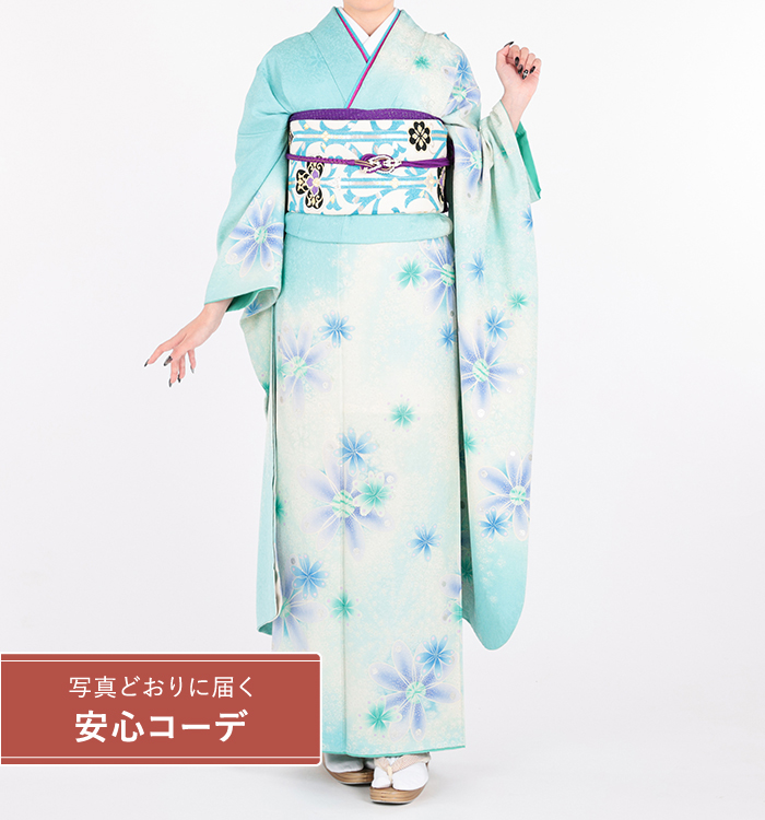 【写真どおりに届く安心コーデ】振袖レンタル　振袖Lサイズ　ブランド： courreges　菊散らし　水色