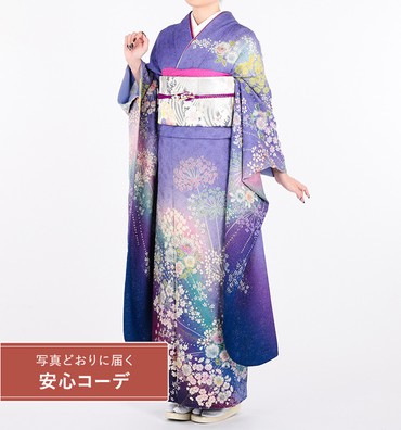 【写真どおりに届く安心コーデ】振袖レンタル　振袖Lサイズ　絞り　おぼろ染め桜　青紫