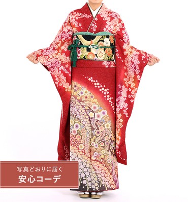 【写真どおりに届く安心コーデ】振袖レンタル　振袖Sサイズ　絞り　おぼろ染め　桜流し　えんじ