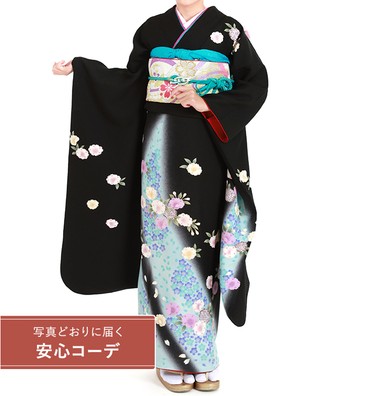 【写真どおりに届く安心コーデ】振袖レンタル　振袖Sサイズ　舞葉桜　黒/水色