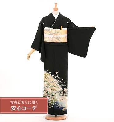 【写真どおりに届く安心コーデ】黒留袖レンタル　黒留袖Mサイズ　松竹梅　五つ紋：桔梗